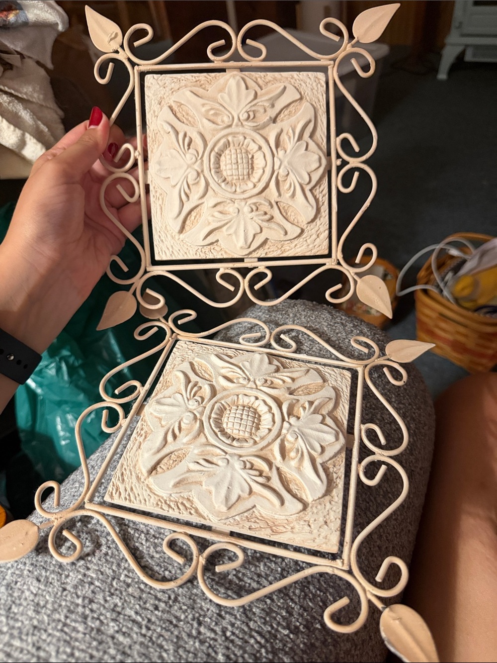 Ornate Floral Ceramic Tile Wall Decor - Cream